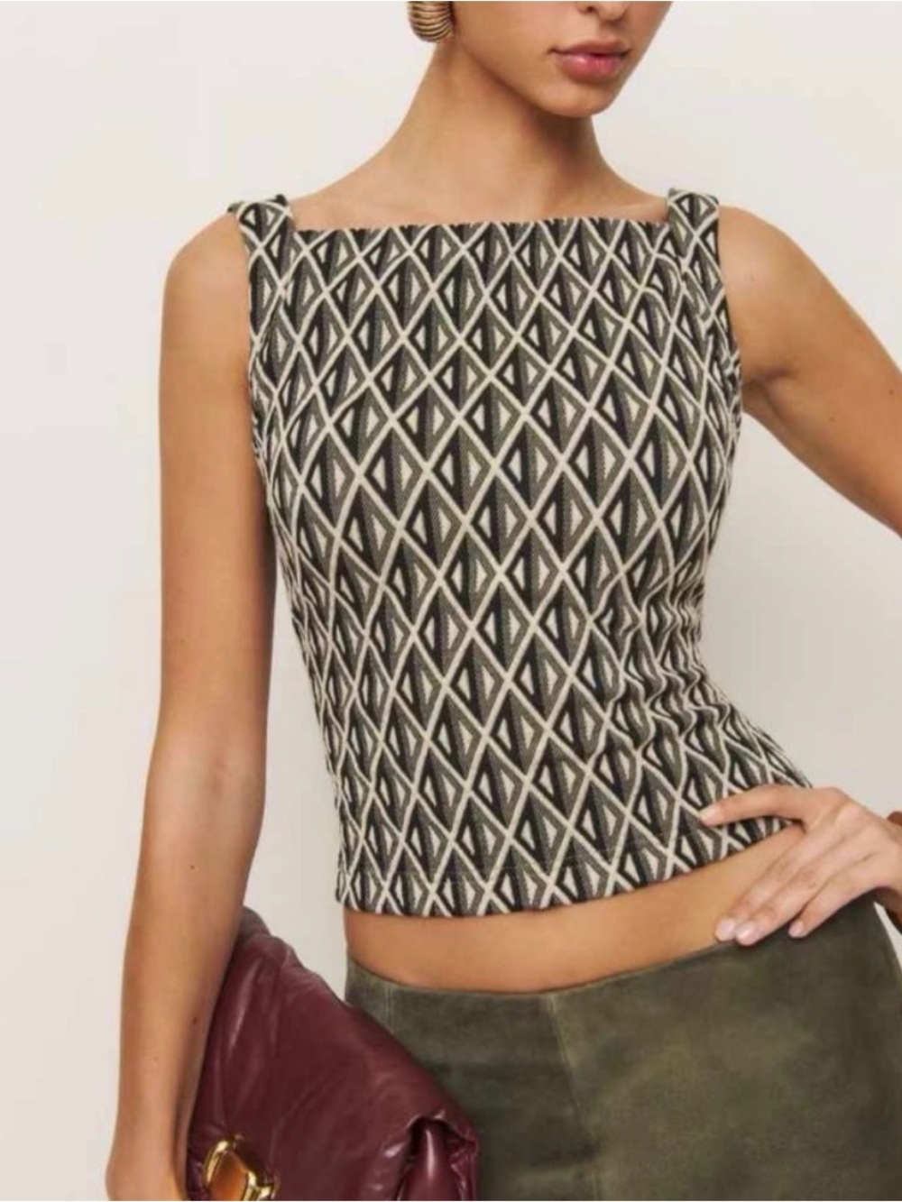 Reformation Sleeveless Low Back Geometric Knit Top in Black & Cream